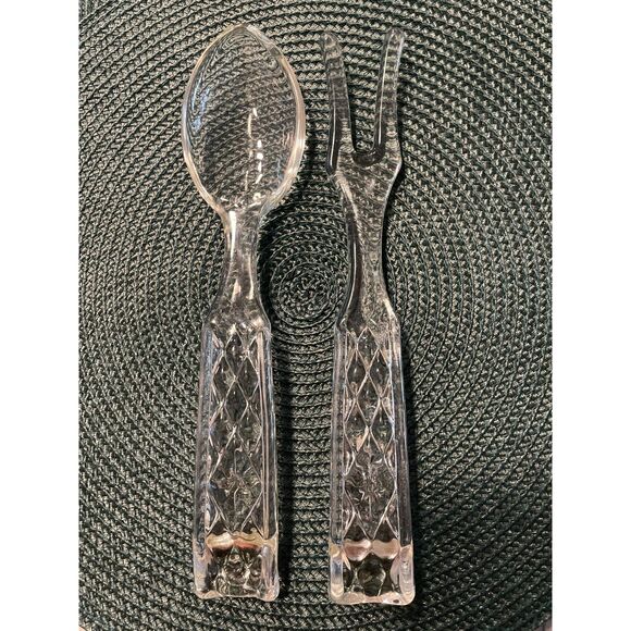 Vintage Anchor Hocking Wexford Pattern Glass Fork Spoon Salad Server Set - Picture 6 of 8